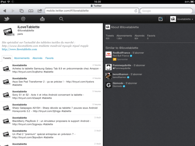 Twitter propose une version web en html 5 pour tablette tactile 1