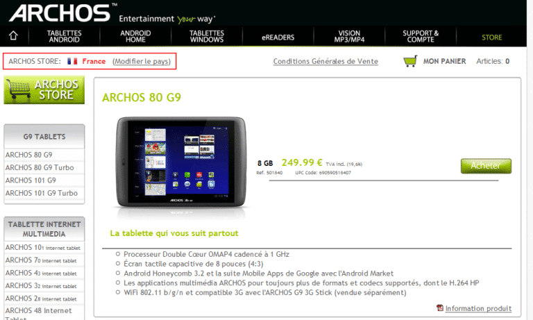 La tablette Archos 80 G9 disponible à l'achat sur le store Archos au prix de 249,99€ 