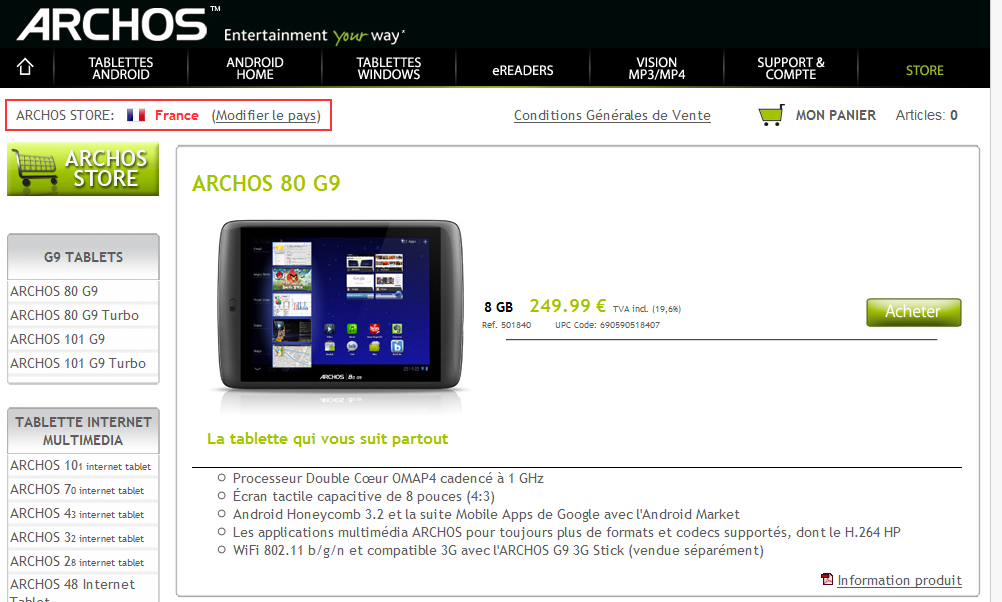 La tablette Archos 80 G9 disponible à l’achat sur le store Archos au prix de 249,99€