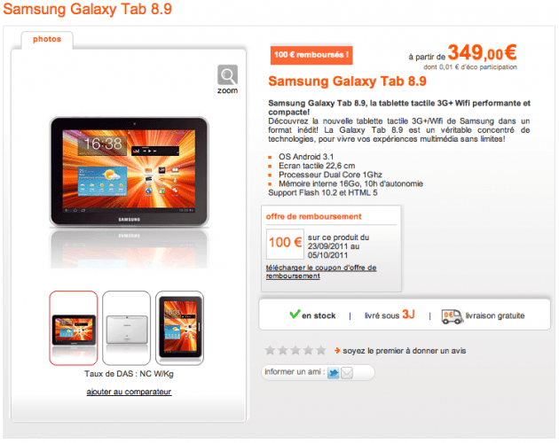 Forfait Samsung Galaxy Tab 8.9 : abonnement disponible avec Orange