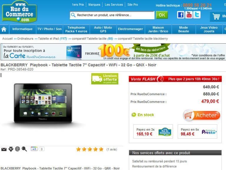 La Blackberry Playbook 32Go à 479€ chez RueDuCommerce 