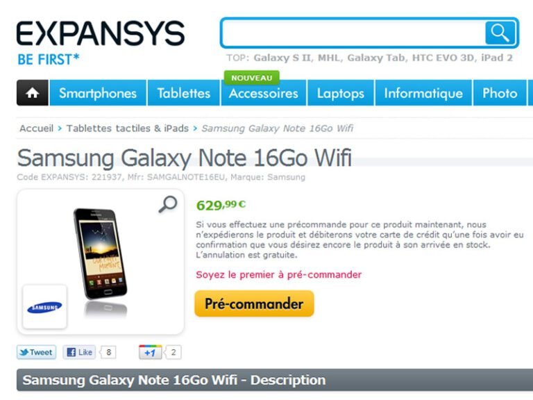 Samsung Galaxy Note : En pré-commande sur le site Expansys 
