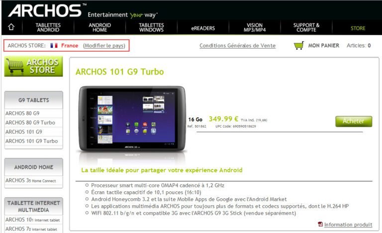 Archos 101 G9 Turbo disponible à l'achat sur la store Archos 1