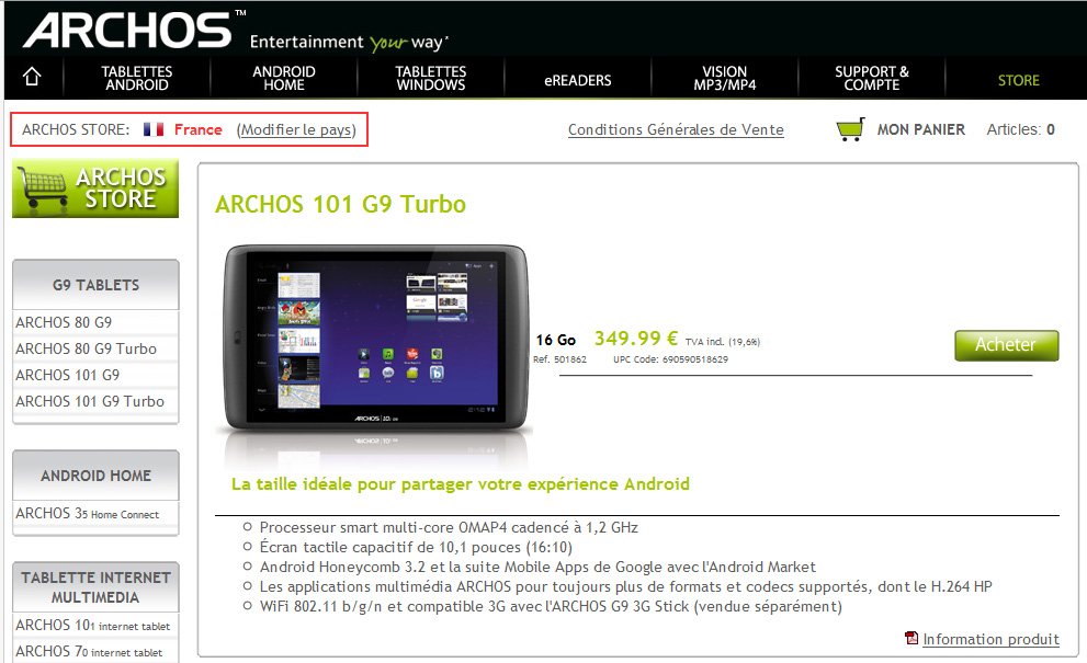 Archos 101 G9 Turbo disponible à l’achat sur la store Archos