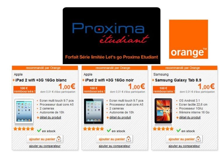Forfait Tablette Proxima Etudiant  : la tablette iPad 2 et Galaxy Tab 8.9 à 1€ pour les étudiants 