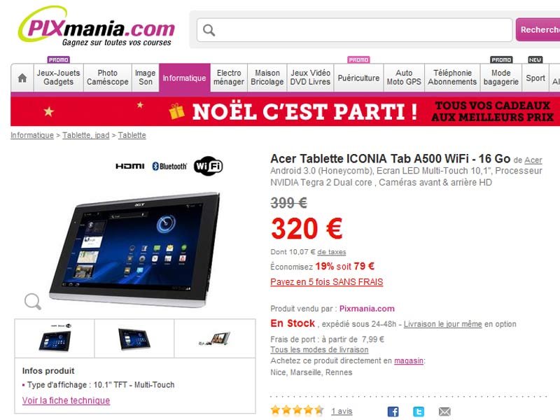 Baisse des prix sur la Acer Iconia Tab A500 chez Pixmania.com 