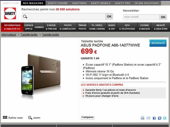 Le Asus PadFone en stock disponible en France chez Darty.com 