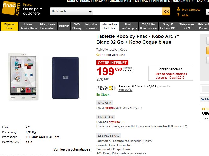 Fnac propose la tablette Kobo Arc avec 32Go à 199€ 