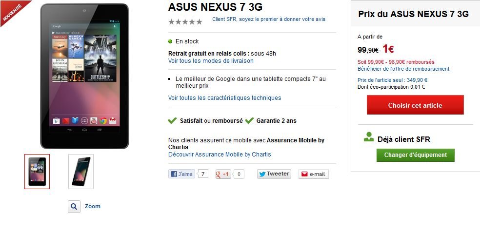 La Google Nexus 7 à 1 euro chez SFR 