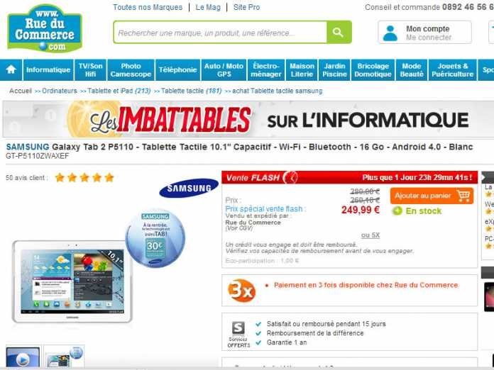 [Promotion] La Samsung Galaxy Tab 2 au format 10 pouces à 219€ chez RueDuCommerce 
