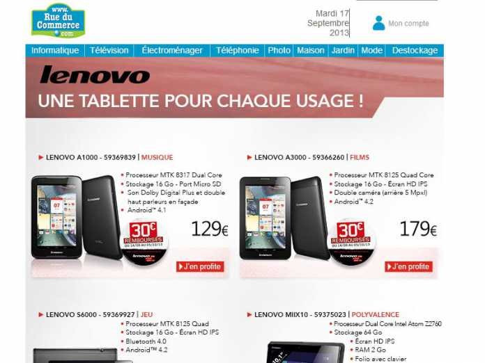 [Promo] RueDuCommerce propose les tablettes Lenovo A1000, A3000 et S6000 avec 30 Euros de remboursement  