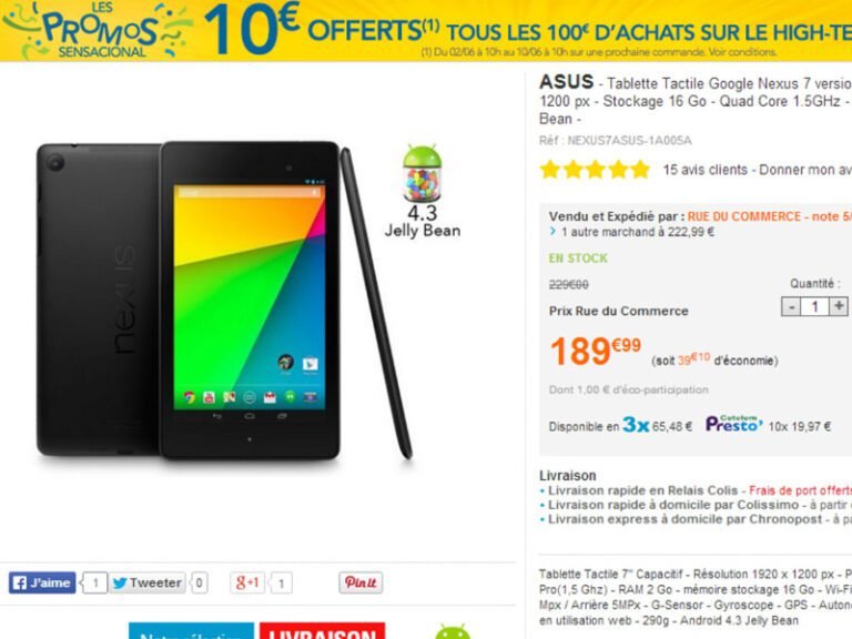 [Bon plan]La tablette Google Nexus 7 édition 2013 à 189€ chez Rue Du Commerce !  2