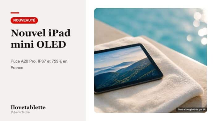 Une petite tablette tactile posée sur une serviette blanche au bord d’une piscine, son écran affichant un paysage de montagnes