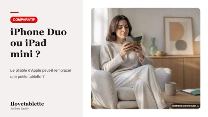 Une lectrice installée dans un fauteuil lit sur un smartphone pliable ouvert, une tablette posée sur la table basse